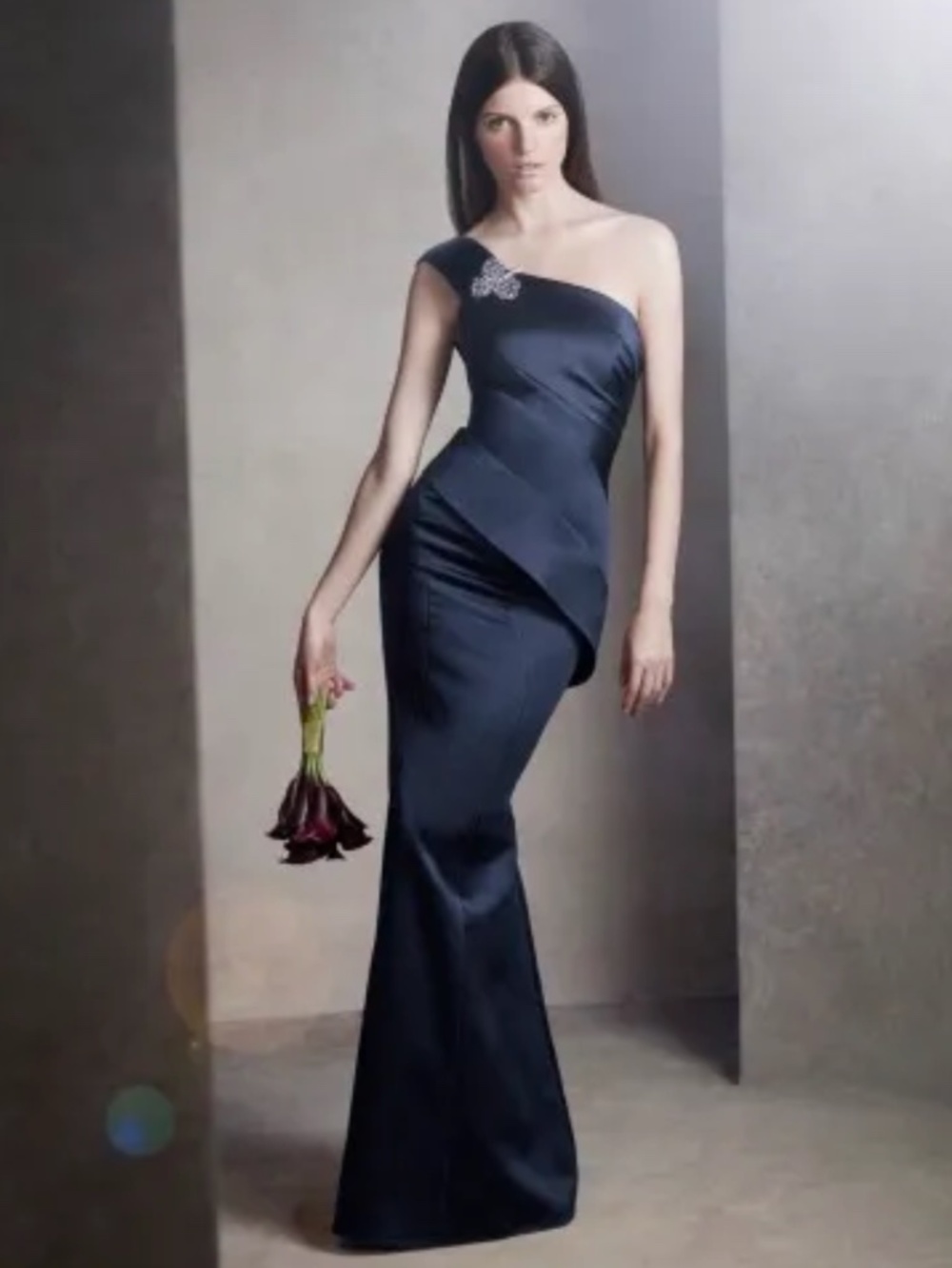 VERA WANG WHITE -One Shoulder,Satin w/ Asymmetrical Skirt - Navy - Size 14